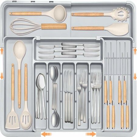 Silverware Organizer Expandable Large Kitchen Drawer Organizer Utensil Organizer with 2 Removable Knife Blocks,Cutlery Tray Drawer Dividers (Grey)