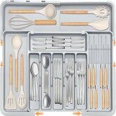 Silverware Organizer Expandable Large Kitchen Drawer Organizer Utensil Organizer with 2 Removable Knife Blocks,Cutlery Tray Drawer Dividers (Grey)