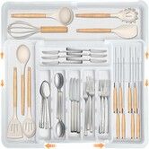 Silverware Organizer Expandable Large Kitchen Drawer Organizer Utensil Organizer with 2 Removable Knife Blocks,Cutlery Tray Drawer Dividers (White)