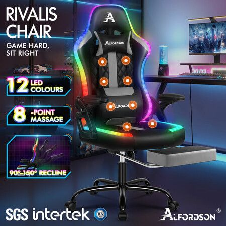 ALFORDSON Gaming Chair Office Massage 12 RGB LED Computer Leather Black & Grey