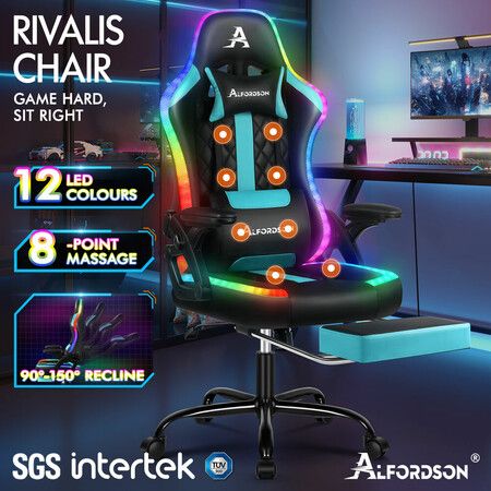 ALFORDSON Gaming Chair Office Massage 12 RGB LED Computer Leather Black & Cyan