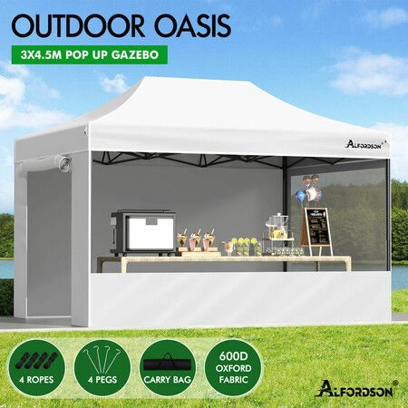 ALFORDSON Gazebo 4.5x3m Pop Up Marquee 600D Oxford Folding Camping Tent White
