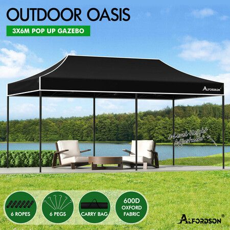 ALFORDSON Gazebo 6x3m Pop Up Marquee 600D Oxford Folding Outdoor Tent Black