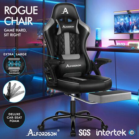 ALFORDSON Gaming Office Chair Massage Computer Footrest Leather Black & Grey