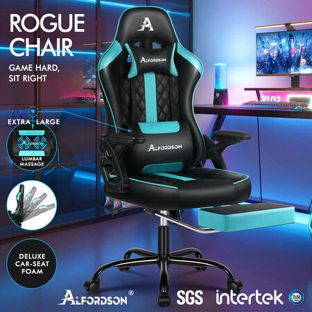 ALFORDSON Gaming Office Chair Massage Computer Footrest Leather Black & Cyan