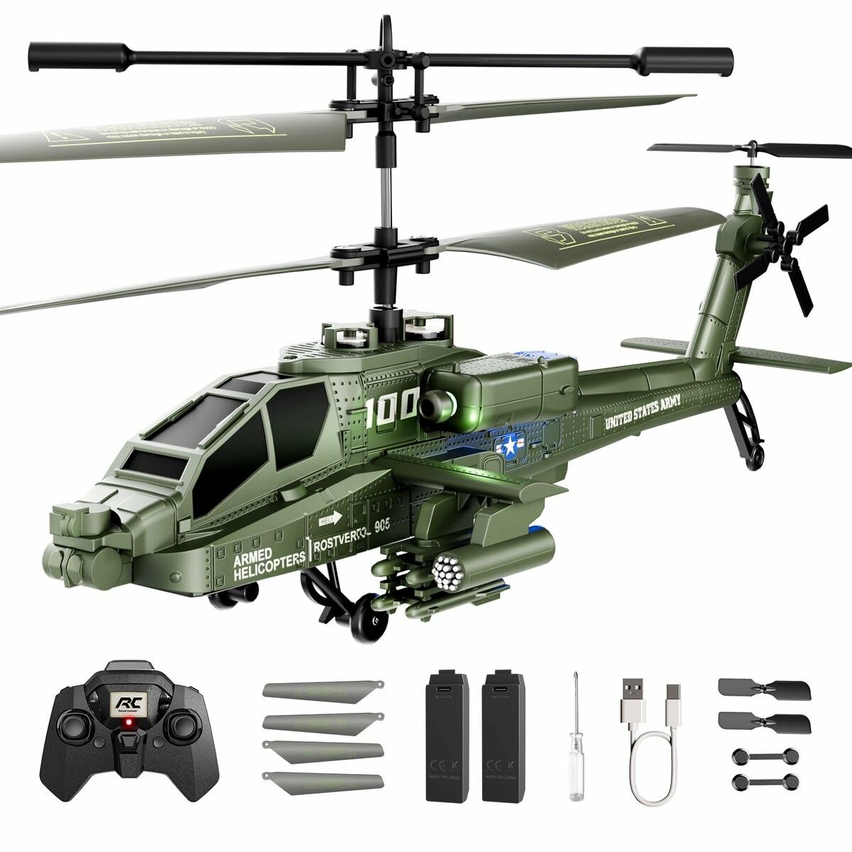 Apache RC Helicopter Toy,2.4GHz Remote Control Helicopter Drone with 2 Batteries,LED Lights,One Key Take Off/Landing,Altitude Hold,Age3+