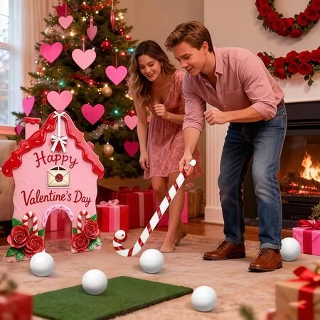 Valentine Golf Game Set With Candy Cane Club 6 Balls,Portable Golf Course Set,For Family Parties,Indoor And Office Fun Valentine Gift