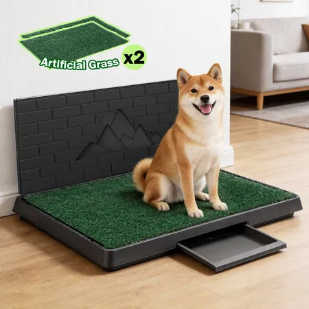 Pet Dog Toilet Potty Training Puppy Indoor Bathroom Artificial Grass 2 Mats House Pee Pad Tray Holder Urine Wall Splash Guard Portable Large 75x50cm