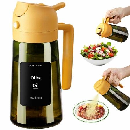 Olive Oil Dispenser and Oil Sprayer 16oz/470ml Glass Light Proof Oil Pourer for Kitchen,Air Fryer,Cooking,Salad,BBQ YELLOW