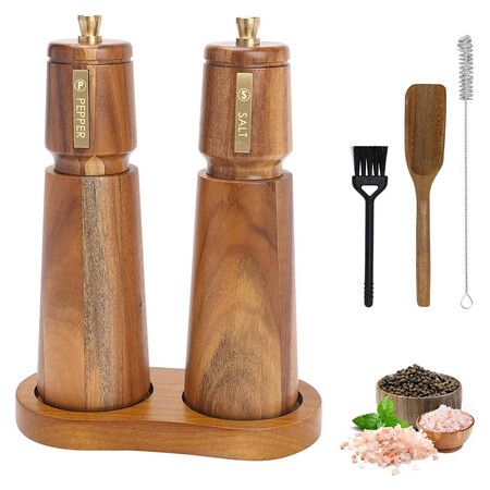 Wooden Salt and Pepper Grinder Set, 8 Inch Manual Salt and Pepper Mill Adjustable Coarseness, Refillable Pepper Grinder with Ceramic Core for Kitchen