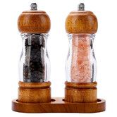 2 Pcs Wooden Pepper Mill Grinder Set with Base,6 inches Acrylic Salt & Pepper Shakers with Adjustable Coarseness, Refillable Manual Grinder for Kitchen