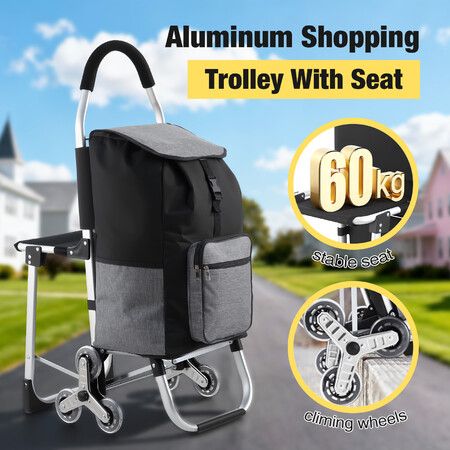 Shopping Cart Folding Trolley Dolly Grocery Bag Stair Climbing Wheels Waterproof Aluminum Luggage Storage Basket Market Utility Travel Granny Seat 45L