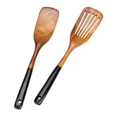 2 Pcs Wooden Spatula Set for Cooking Non Toxic Teak Kitchen Utensils Slotted Pancake Turner Flat Wood Wok Spatulas for Cooking Utensil Set
