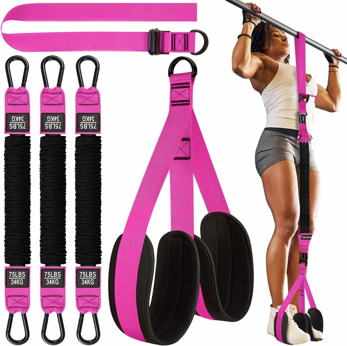 Pull Up Assistance Bands Heavy Duty Resistance Band for Pull Up Bar,Adjustable Weight Size with Fabric Feet Knee Rest for Strength Training,Pink