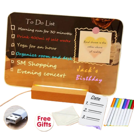 LED Acrylic Note Board 20x20cm Handwritten Light Message Board with Wooden Base Holiday Gift