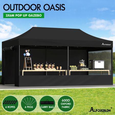 ALFORDSON Gazebo 6x3m Pop Up Marquee 600D Oxford Folding Camping Tent Black