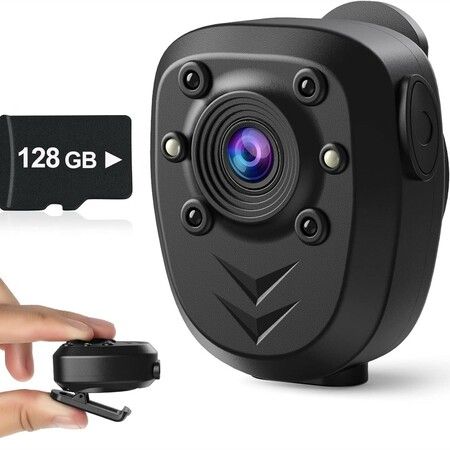 Mini Body Camera Video Recorder Built-in 128GB Memory Card with Night Vision IR Loop Record HD 1080P, 4-6 HR Battery Life Wearable Police Cam