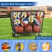 Lockable Sports Ball Storage Trolley Rolling Cart Organiser Cage Basket Mobile Unit with Wheels Metal Basket for Home Gym Garage Basketball Football