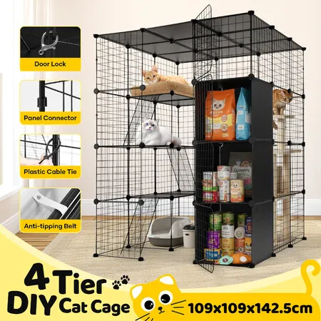 Pet Cat Cage Indoor Kitten Enclosure House 4 Tier Kennel Playpen DIY for Ferret Hutch Rabbit Bunny 3 Platforms Ramps Detachable Metal Storage Cubes