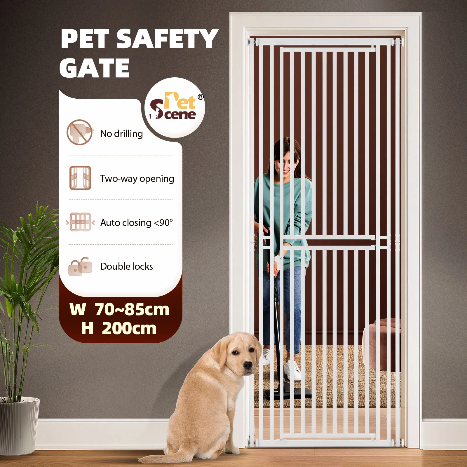 200cm Tall Safety Gate Pet Dog Cat Fence Enclosure Barrier Safe Guard Indoor Security Fencing for Doorway Stairs Kitchen 70-85cm Extension Adjustable