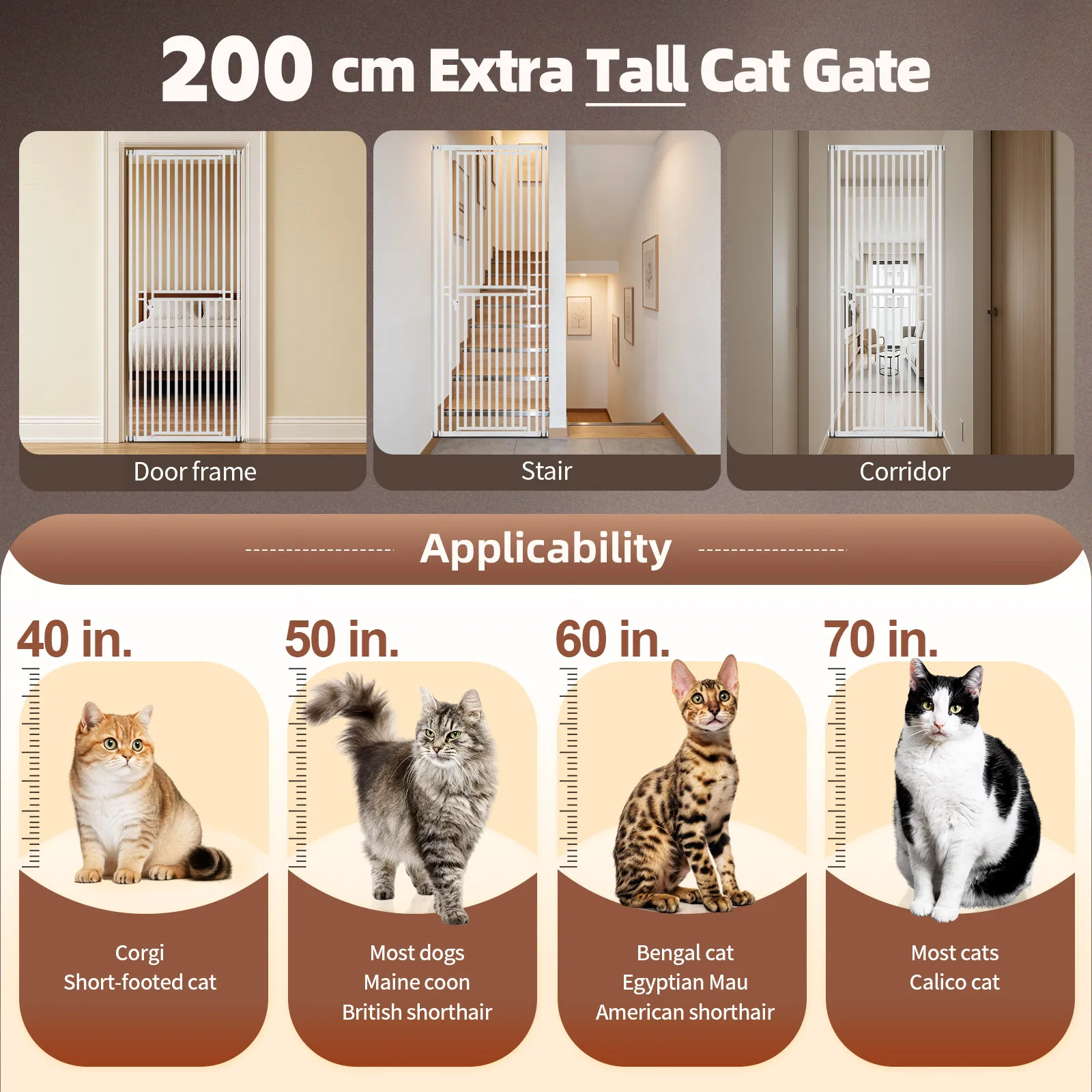 200cm Tall Safety Gate Pet Dog Cat Fence Enclosure Barrier Safe Guard Indoor Security Fencing for Doorway Stairs Kitchen 70-85cm Extension Adjustable