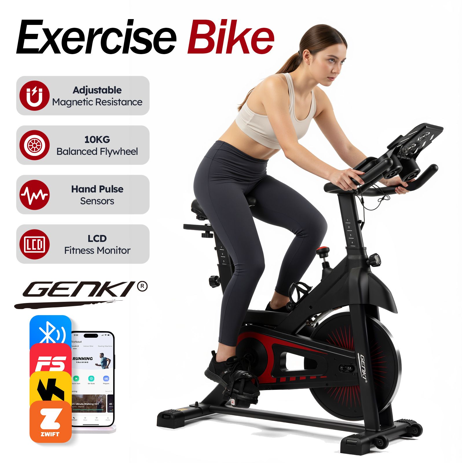 Genki Fitness Spin Bike Indoor Cycling Stationary Bicycle Home Exercise Adjustable Magnetic Workout Aerobic Trainer Pedal Gym Equipment Bluetooth App
