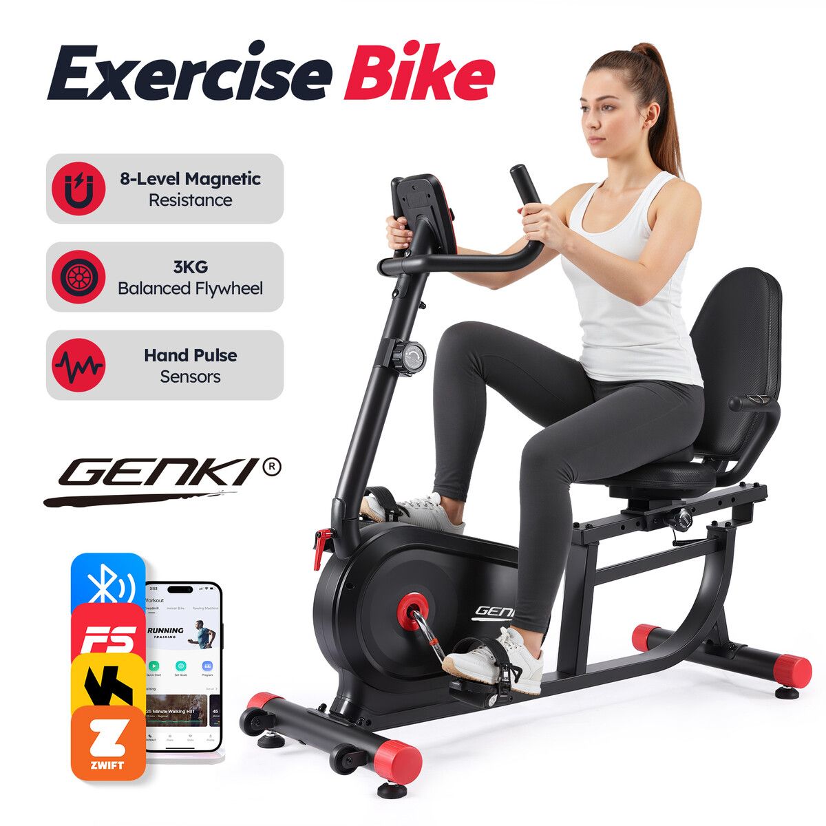 Genki Recumbent Bike Stationary Bicycle Fitness Exercise Home Indoor Cycling Adjustable Magnetic Aerobic Workout Pedal Trainer Equipment Bluetooth App