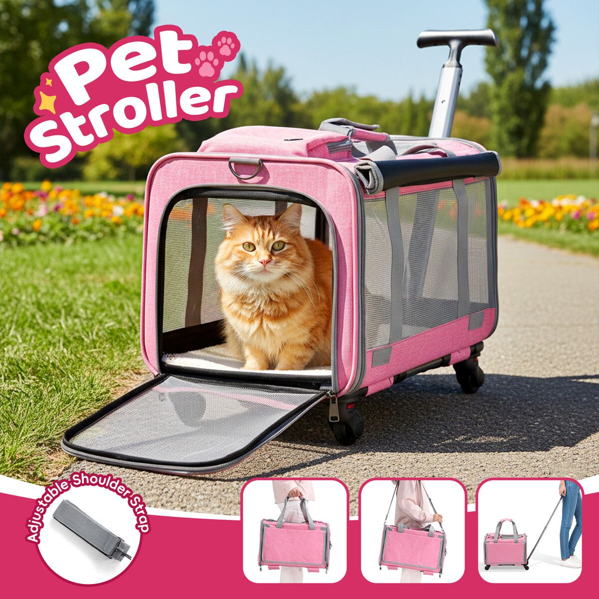 Soft Pet Carrier Cat Dog Crate Stroller Trolley Rolling Portable Small Animals Puppy Travel Cage Kennel Hand Shoulder Bag Luggage Telescopic Handle