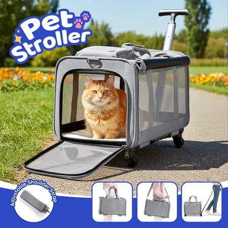 Pet Dog Crate Cat Carrier Stroller Puppy Travel Cage Trolley Case Soft Hand Shoulder Bag Tote Luggage Suitcase Camping Rolling Wheels Folding Portable