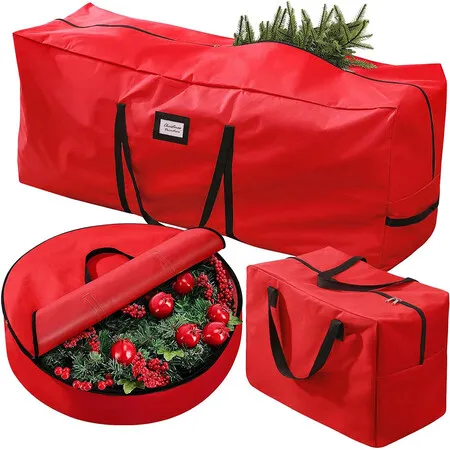 3 Pack Christmas Tree Storage Bag for 7.5 Ft Artificial Trees up,Durable Waterproof with Reinforced Carrying Handles,Xmas Holiday Garland Bag Storage(Red)
