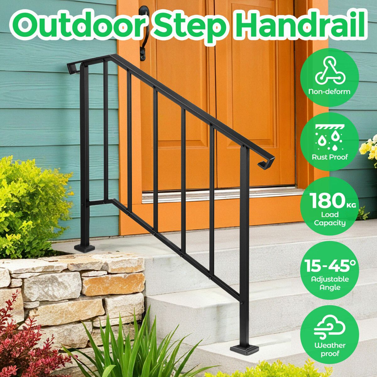 Stair Handrail Railings 3-4 Steps Black Metal Adjustable Safety Guard Hand Rails Balusters Kit for Indoor Outdoor Concrete Wooden Staircases Porches