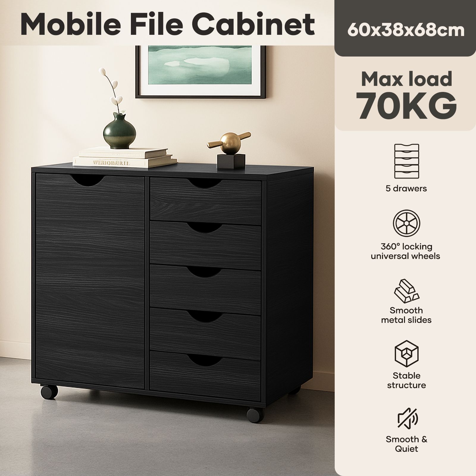 Mobile File Cabinet 5 Drawer Side Under Desk Filing Document Organiser Home Office Storage Cupboard Shelves Printer Stand Wooden Furniture 60x38x68cm