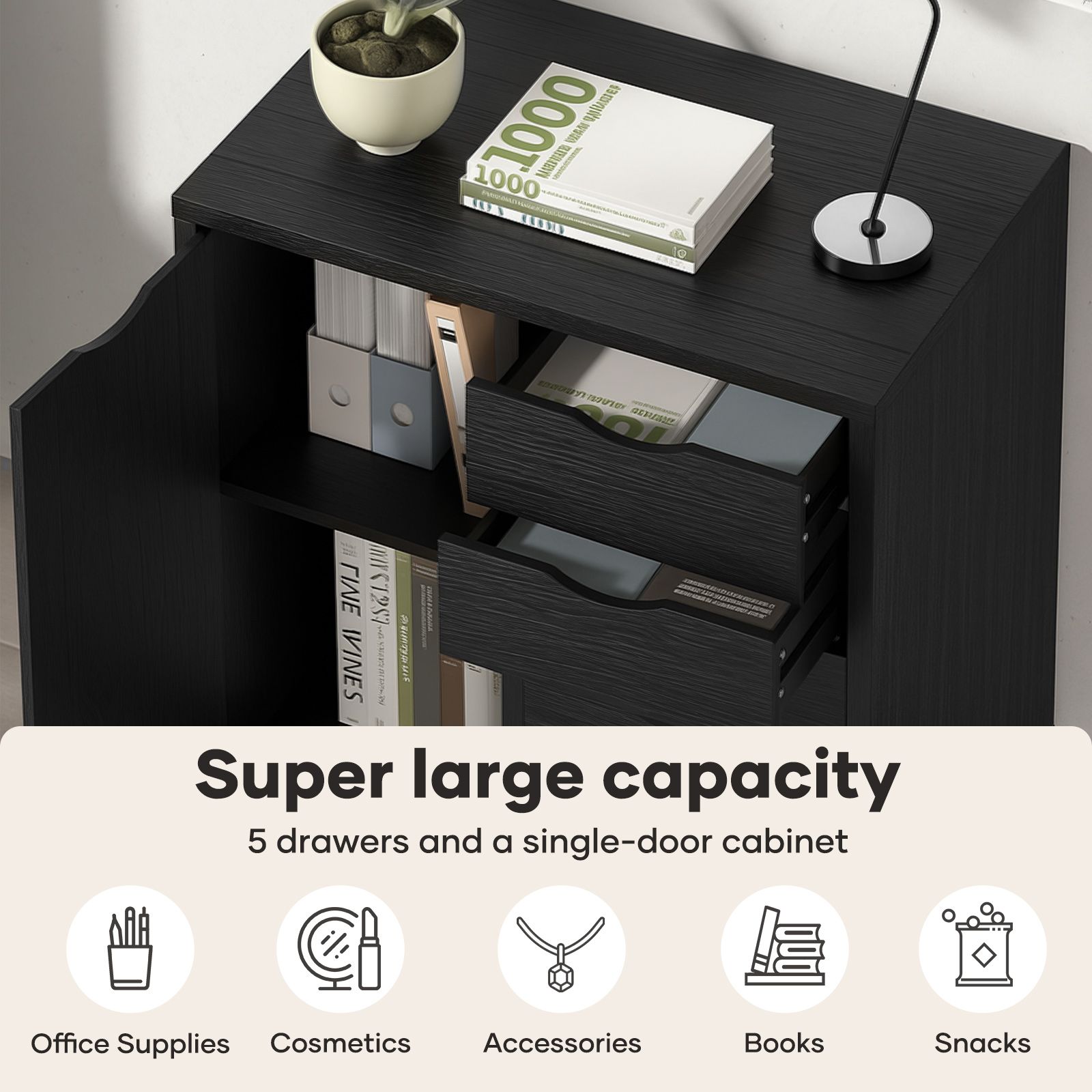 Mobile File Cabinet 5 Drawer Side Under Desk Filing Document Organiser Home Office Storage Cupboard Shelves Printer Stand Wooden Furniture 60x38x68cm