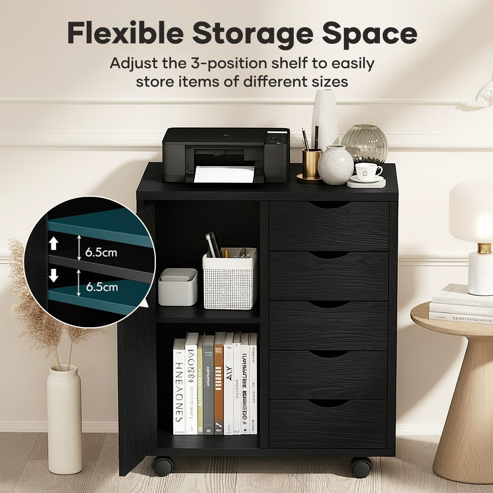 Mobile File Cabinet 5 Drawer Side Under Desk Filing Document Organiser Home Office Storage Cupboard Shelves Printer Stand Wooden Furniture 60x38x68cm
