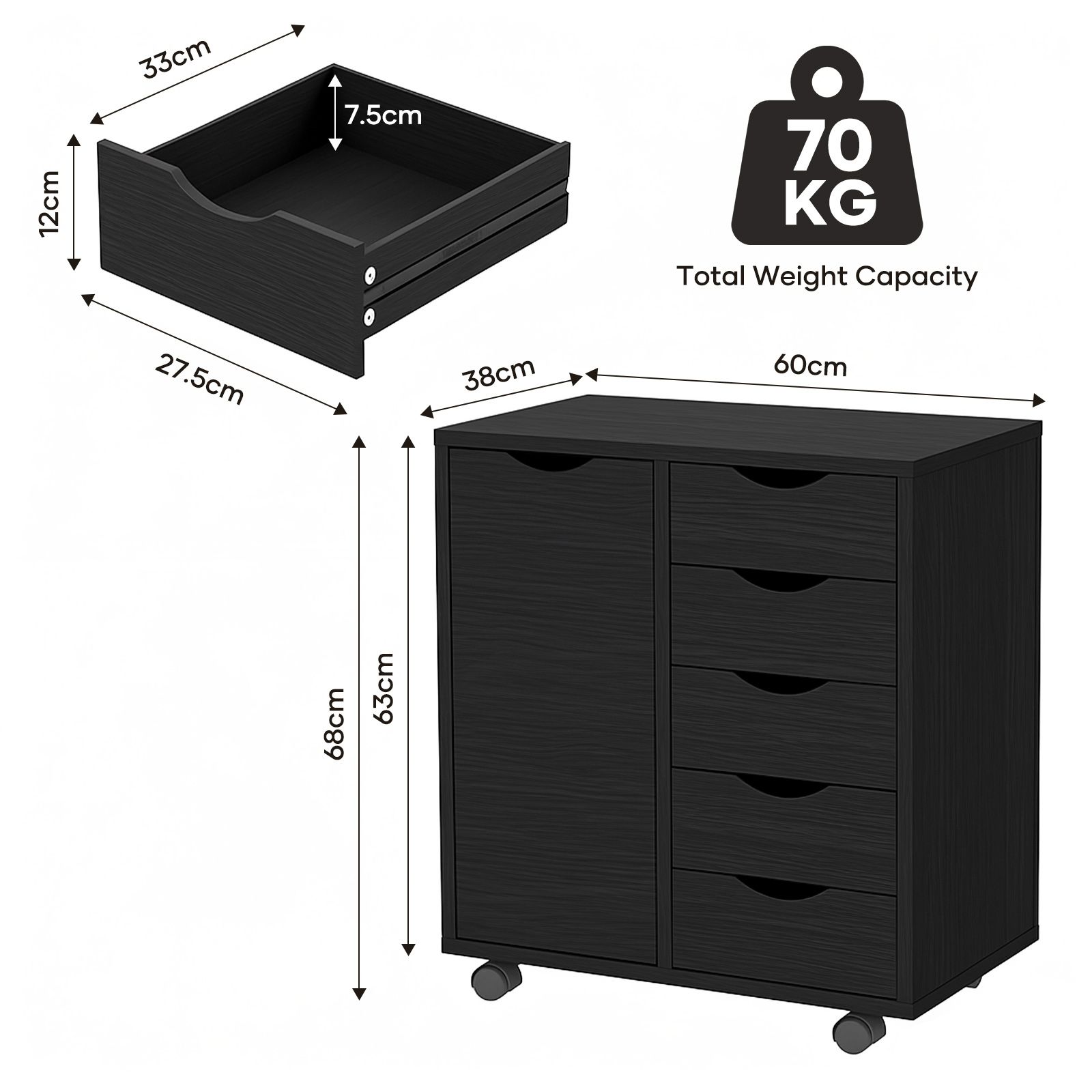 Mobile File Cabinet 5 Drawer Side Under Desk Filing Document Organiser Home Office Storage Cupboard Shelves Printer Stand Wooden Furniture 60x38x68cm