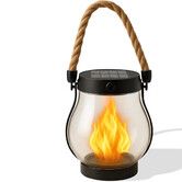 Solar Lantern Outdoor Lights with Dancing Flame, Waterproof Hemp Rope Hanging Flickering Solar Lights Outdoor with Dual Charging Modes of Solars