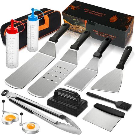 14Pcs Griddle Accessories Kit,Heavy Duty Stainless Steel Grill Spatula Set for Grill Griddle Hibachi Flat Top Outdoor Cooking BBQ