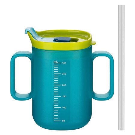 Senior Water Cup Sippy Cups for Elderly, Safe Silicone Spill Proof Cups with 2 Handles Straw and Lid for Men Women for Hospital Patients, Elderly, Blue
