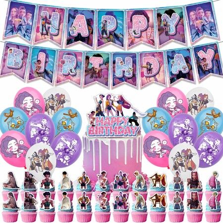 Kpop De-mon Birthday Party Decorations Supplies,Happy Birthday Banner,Balloons,Cake Toppers Cupcake Toppers