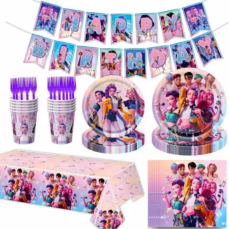 Kpop De-mon Birthday Party Tableware Set Paper Plates Cups Napkins Tablecloth Banner