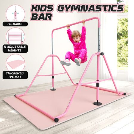 Kids Gymnastics Bar Training Climbing Frame Playground Home Gym Workout Horizontal Sports Monkey Kip Height Adjustable Folding Expandable Pink TPE Mat