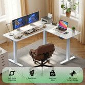 Electric Standing Desk Sit and Stand Up Corner L Shaped Computer Table Height Adjustable Dual Motor Rising White Home Office Gaming Study Workstation