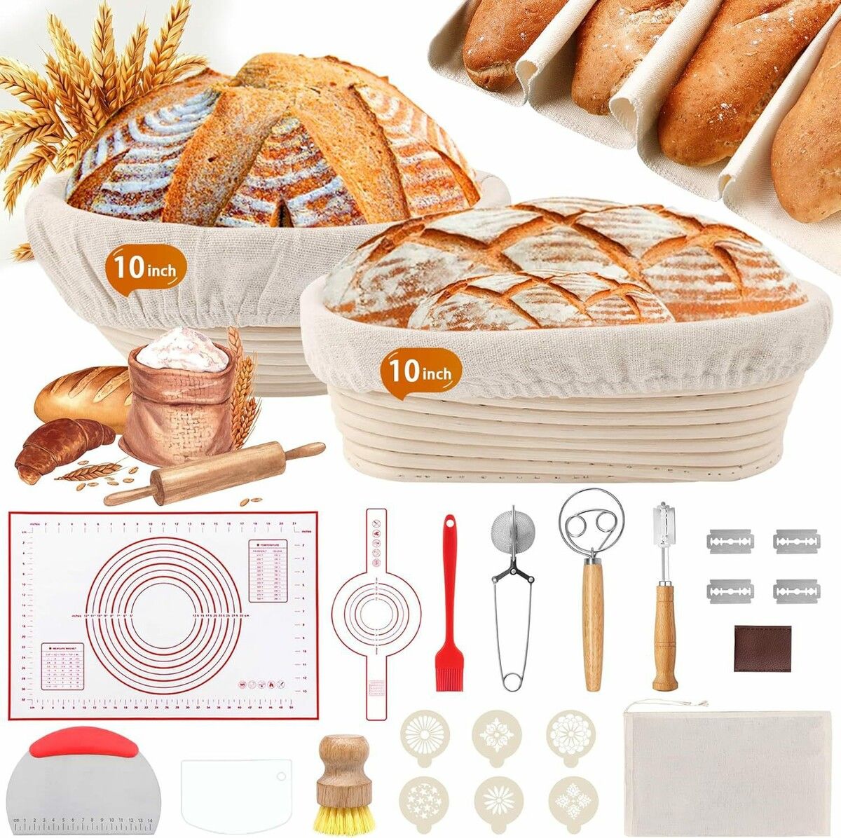 Sourdough Bread Baking Supplies Sourdough Starter Kit for Bread Making 10in Round Oval Banneton Bread Proofing Basket with Liners Sourdough Kit