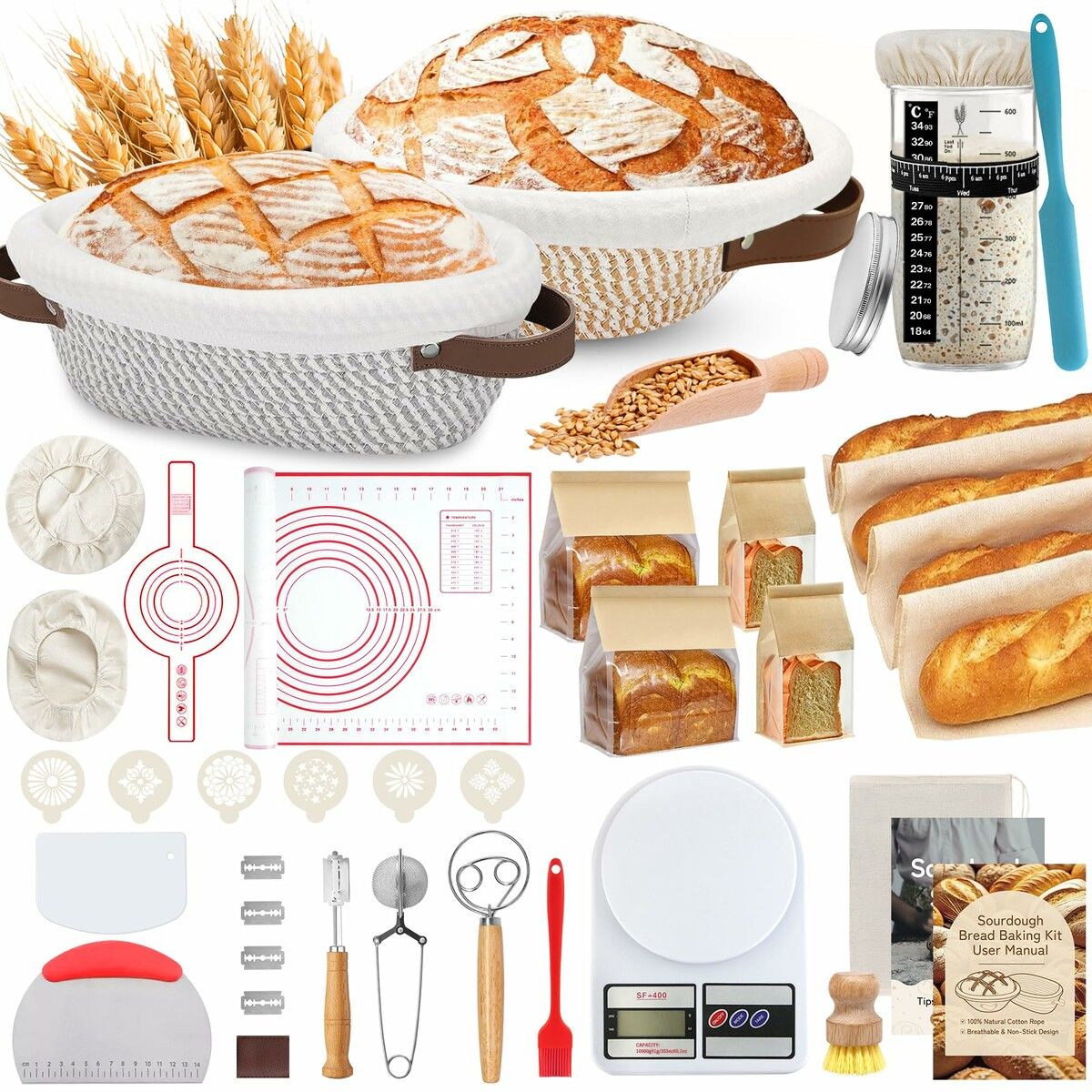 38 Pcs Sourdough Starter Kit Cotton Rope Banneton Bread Proofing Basket with Sourdough Starter Jars,10 Inch Round Oval Proofing Basket with Liners Covers