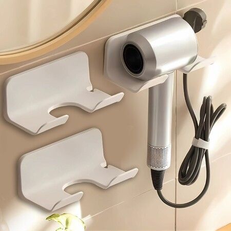 Universal Hair Dryer Holder,Blow Dryer Hanger Wall Mount for Hair Dryer Hook with Plug Cord Organizer Self Adhesive (2 Pack White)