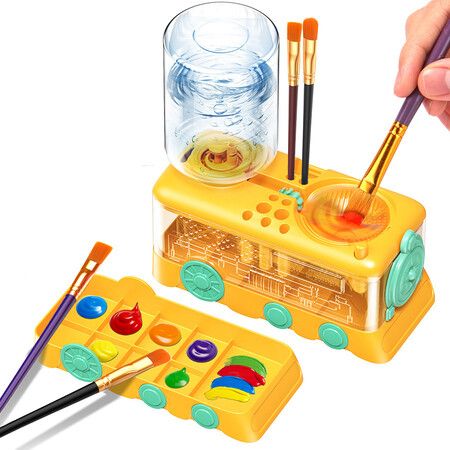 Paint Brush Cleaner with Paint Tray,Water Circulation Brush Rinser with Brush Holder,Watercolor Oil Water-Based Brush Cleaner Tool,400ml Capacity-Yellow