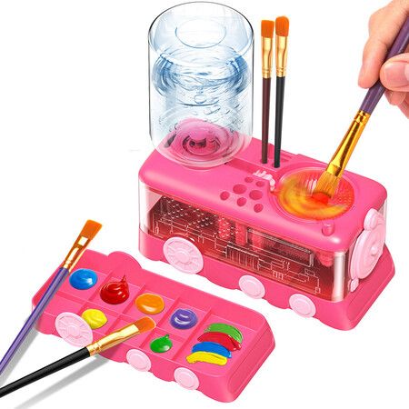 Paint Brush Cleaner with Paint Tray,Water Circulation Brush Rinser with Brush Holder,Watercolor Oil Water-Based Brush Cleaner Tool,400ml Capacity-Rose Red