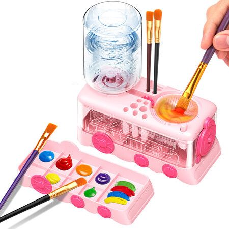Paint Brush Cleaner with Paint Tray,Water Circulation Brush Rinser with Brush Holder,Watercolor Oil Water-Based Brush Cleaner Tool,400ml Capacity-Pink
