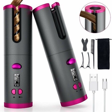 Cordless Automatic Hair Curler Ceramic Roller Curling Iron with LCD Display Adjustable Heating Temperature and Time,Auto Rotating Barrel Curling Wand