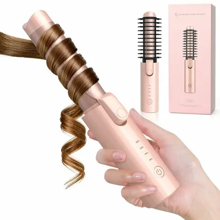 Cordless Curling Iron Brush Hair Curlers with 4 Temps Setting 3-in-1 Travel Hair Curler Straightener Brush Rechargeable for Medium to Long Hair(Pink)